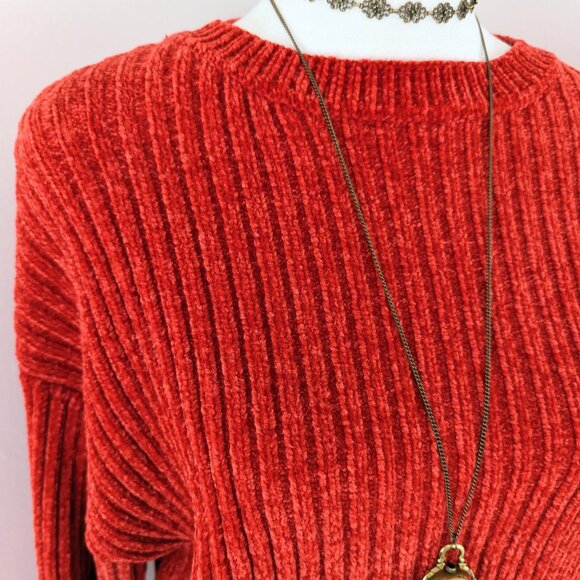 Poof Apparel Red Orange Chenille Knit Long Sleeve Sweater Sz Large Whimsy Grunge - Picture 4 of 6